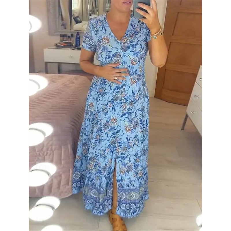 Women's Long Dress Maxi Dress Casual Dress Swing Dress A Line Dress Summer Dress Stylish Casual Vacation Daily Regular Fit Floral Short Sleeve V Neck Pink Green Light Blue Summer2