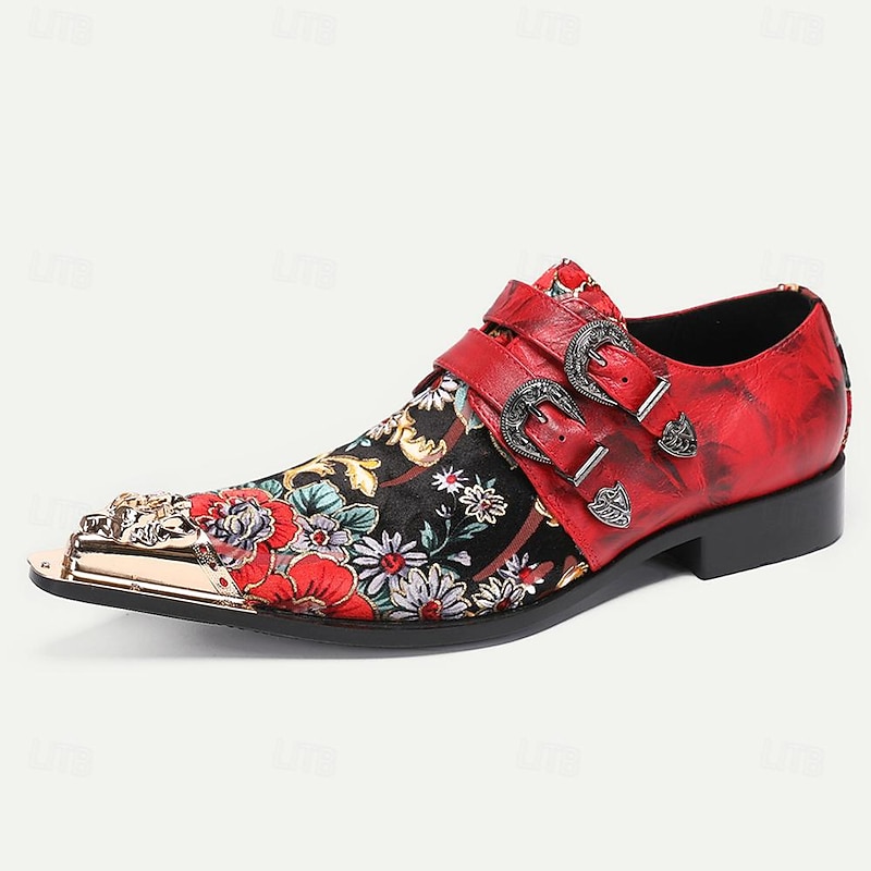 Men's Red Leather Floral Embroidered Double Monk Strap Shoes with Metallic Toe Detail2
