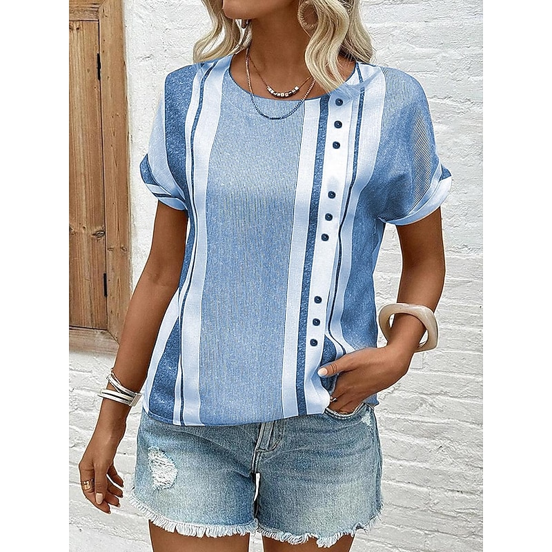 Women's Blouse Chic Striped Pattern with Button Embellishments V-neck Short Sleeve Summer Spring Casual Daily Linen Like Wear Versatile Fit Gray Black Off-white 5