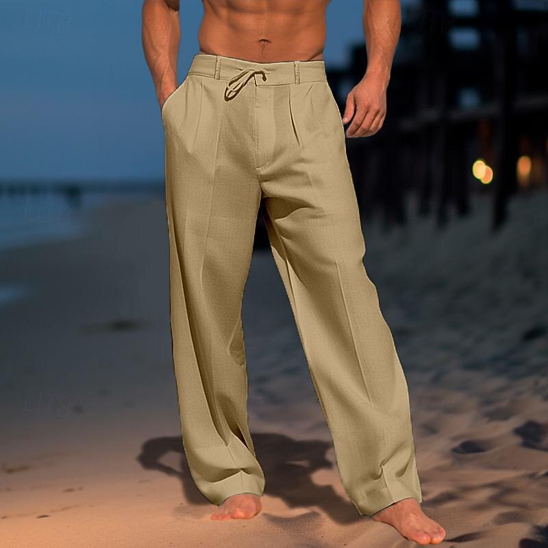 Men's Trousers Summer Pants Beach Pants Drawstring Pleats Straight Leg Plain Comfort Breathable Wedding Casual Daily Fashion Classic Style Black White2