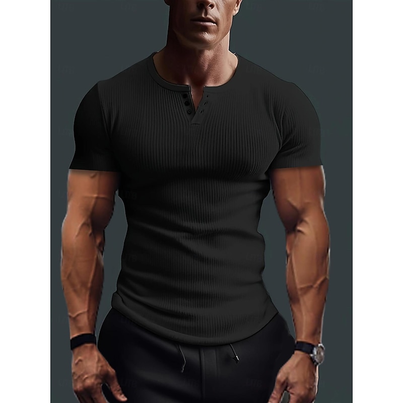 Men's Short Sleeve Shirt Muscle Shirt Ribbed Knit tee Tee Top Short Sleeve Solid Color Pit Strip Sports Daily Buttons Henley Outdoor Casual Summer Spring & Summer Dark Grey Black White Henley T-Shirt4