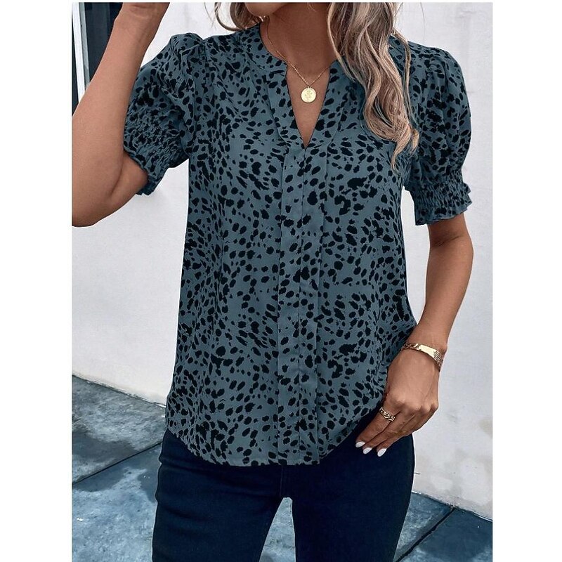 Women's Shirt Blouse Casual Polka Dot Print Short Sleeve Regular Tops V Neck Daily Pink Blue Beige Summer3