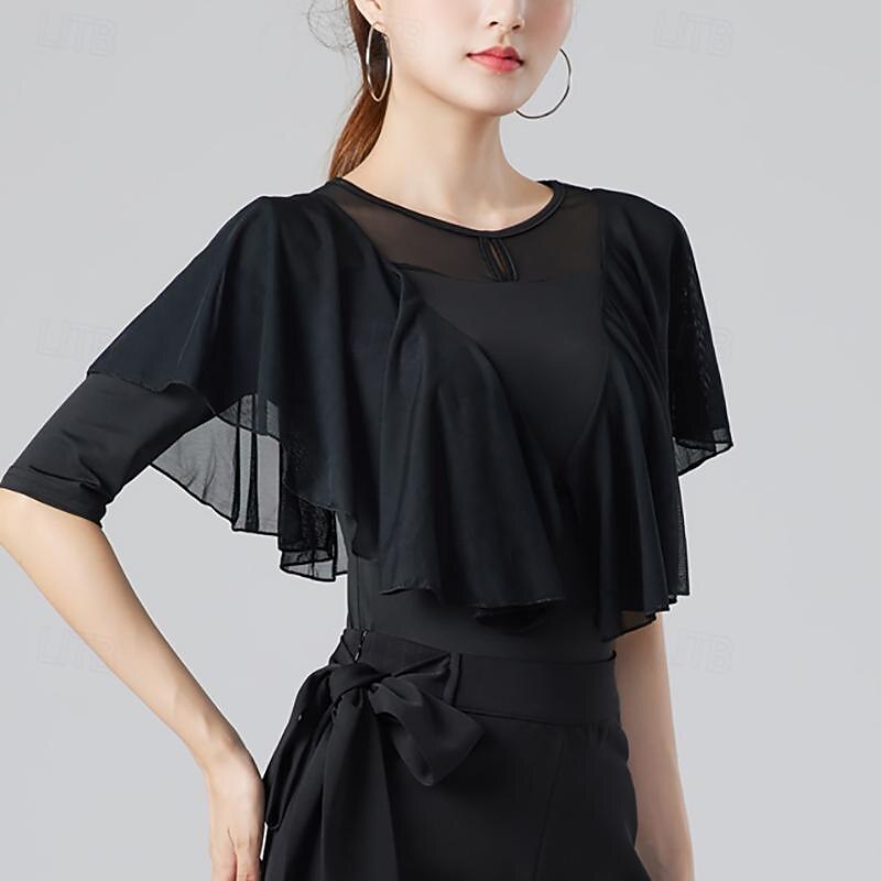 Latin Dance Ballroom Dance Top Ruffles Pure Color Splicing Women's Performance Training Half Sleeve High Cotton Blend2