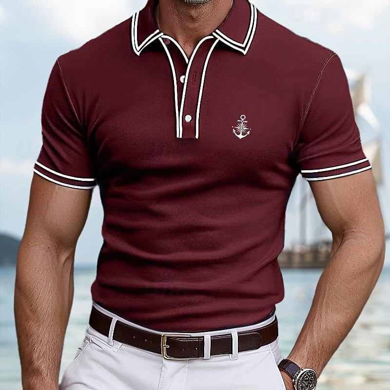 Men's Polo Shirt Golf Shirt Work Casual Lapel Ribbed Polo Collar Short Sleeve Basic Modern Color Block Patchwork Button Spring & Summer Regular Fit Black Burgundy Navy Blue Polo Shirt