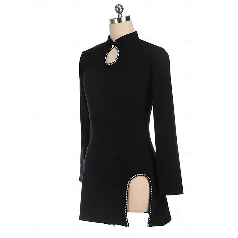 Figure Skating Dress Women's Girls' Ice Skating Dress Black Mesh Spandex Stretchy Training Practice Professional Skating Wear Thermal Warm Crystal / Rhinestone Long Sleeve Ice Skating Figure Skating3