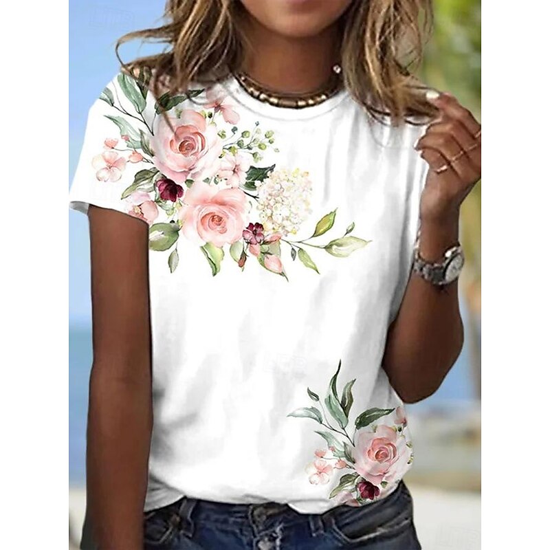 Women's T Shirt Floral Fashion Short Sleeve Round Neck Regular Tops Vacation Weekend Print Pink Blue Gray Light Blue Summer4