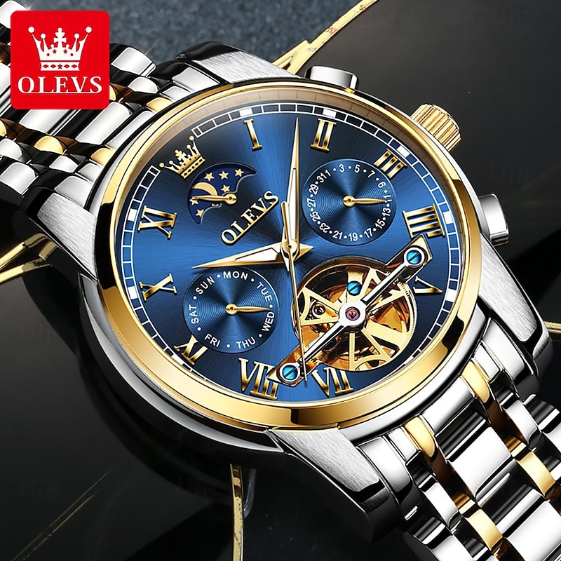OLEVS Men Mechanical Watch Fashion Business Wristwatch Automatic Self-winding Moon phase Luminous Waterproof Steel Watch2