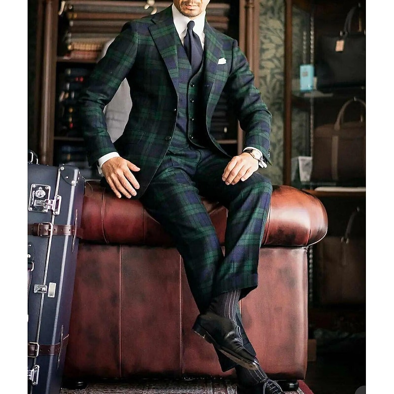 Men's Wedding Party Suits Notch Notch Lapel Dark Green Plaid Checkered Tailored Fit 3 Piece Single Breasted Two-buttons3
