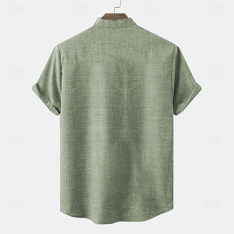Men's Linen Shirt Henley Shirt Retro Shirts Vintage Shirt Ethnic Shirt Ethnic Vacation Daily Green Khaki Beige Short Sleeve Mandarin Collar Summer Spring Clothing Apparel Print2