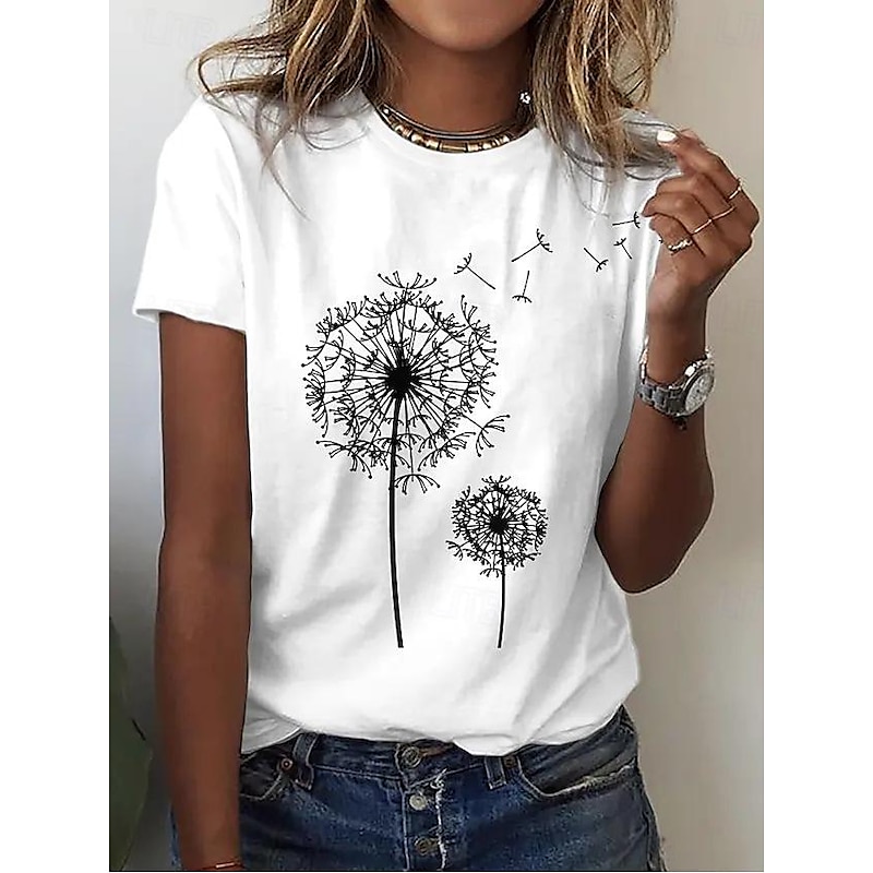 Women's Casual T-Shirt Dandelion Print Crew Neck White Short Sleeve Summer Wear Comfort Fit Daily Essential