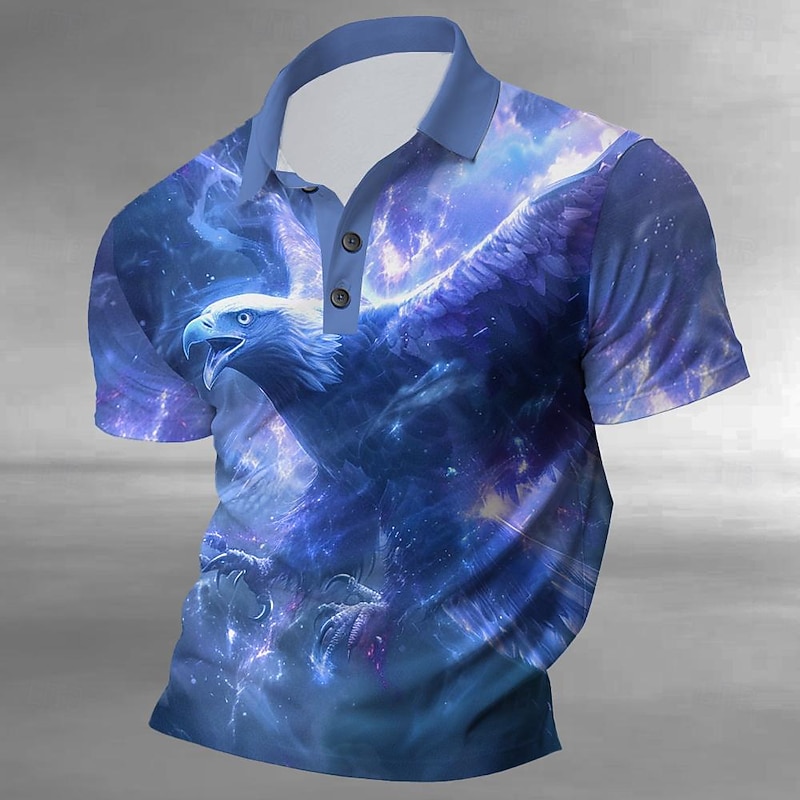 Men's Eagle Polo Shirts Golf Shirt Short Sleeve Polo Shirts Collared Shirts Funny Vacation Wear Party Outfits Buttons 3D Print Summer Blue Purple4