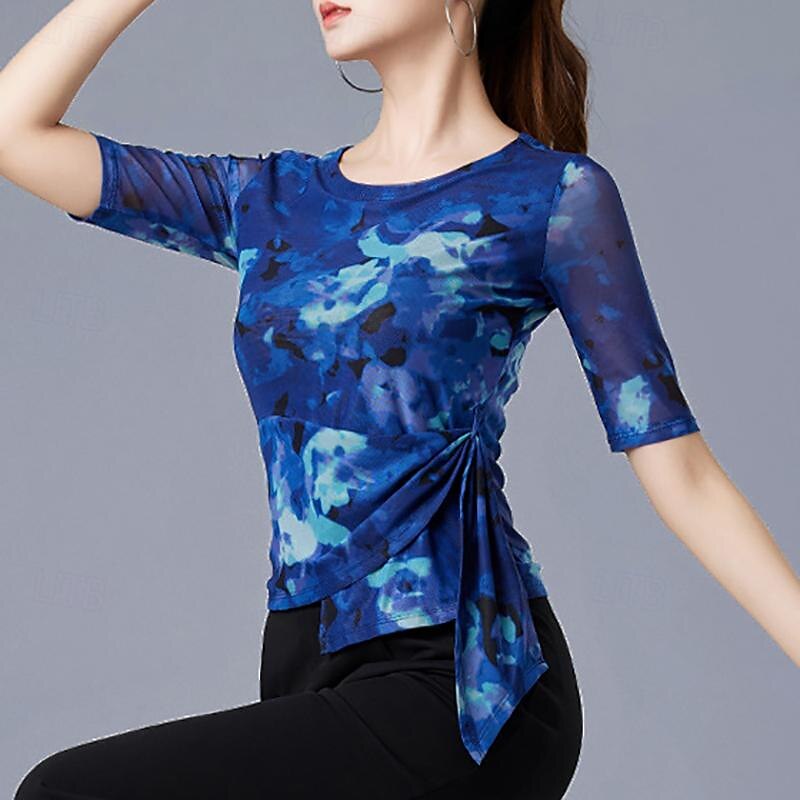 Latin Dance Ballroom Dance Top Printing Splicing Tulle Women's Performance Training Half Sleeve High Polyester