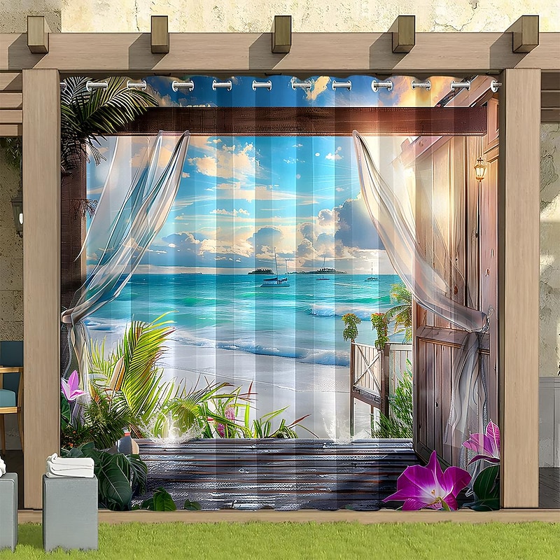 Waterproof Outdoor Curtain Privacy, Sliding Patio Curtain Drapes, Pergola Curtains Grommet 3D Beach Landscape For Gazebo, Balcony, Porch, Party, 1 Panel2