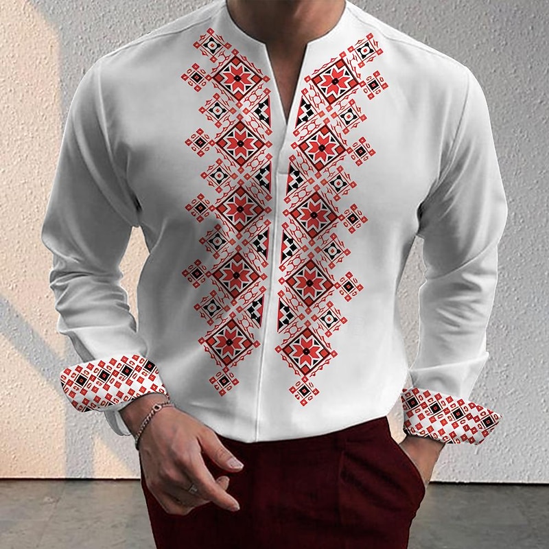 Men's Shirt Button Up Shirt Henley Shirt Long Sleeve Business Casual Formal Daily Summer Spring Fall Collarless V Neck Print White