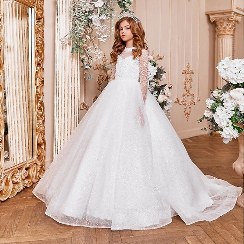 Kids Girls' Flower Girl Dress Party Dress Solid Color Long Sleeve Performance Wedding Party Mesh Princess Sweet Mesh Mid-Calf Sheath Dress Tulle Dress Summer Spring Fall 2-12 Years White3