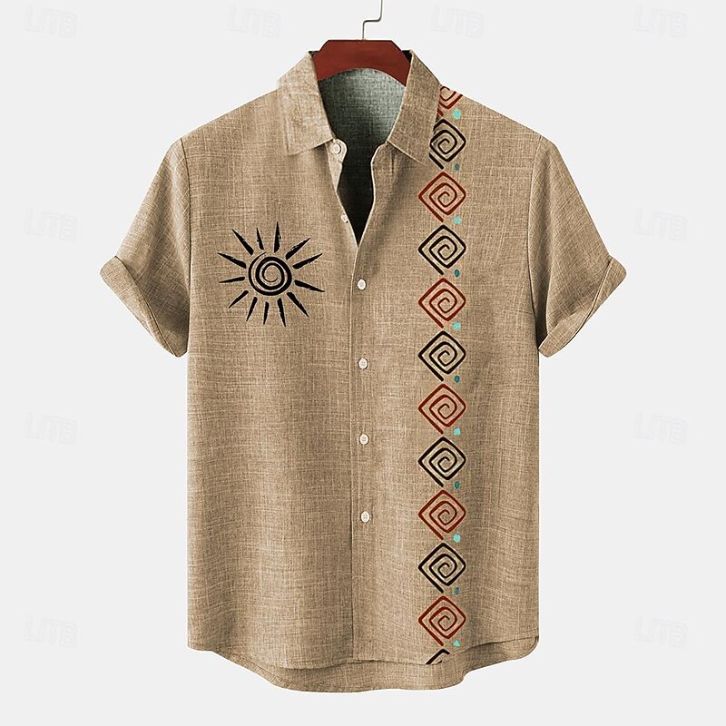 Men's Shirt Linen Shirt Retro Shirts Vintage Shirt Ethnic Shirt Tribal Daily Blue Green khaki Short Sleeve Turndown Summer Clothing Apparel