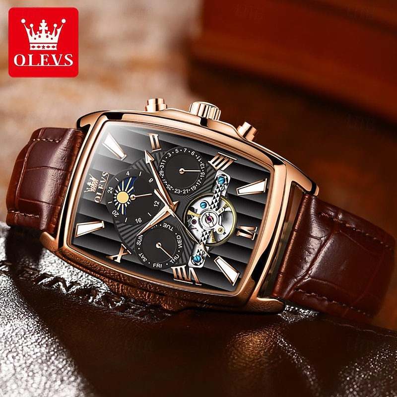 OLEVS Men Mechanical Watch Fashion Casual Wristwatch Automatic Self-winding Moon phase Luminous Calendar Leather Watch2
