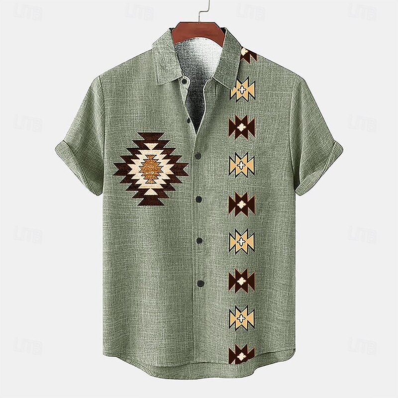 Men's Shirt Linen Shirt Retro Shirts Vintage Shirt Ethnic Shirt Tribal Daily Brown Green Gray Short Sleeve Turndown Summer Spring Clothing Apparel