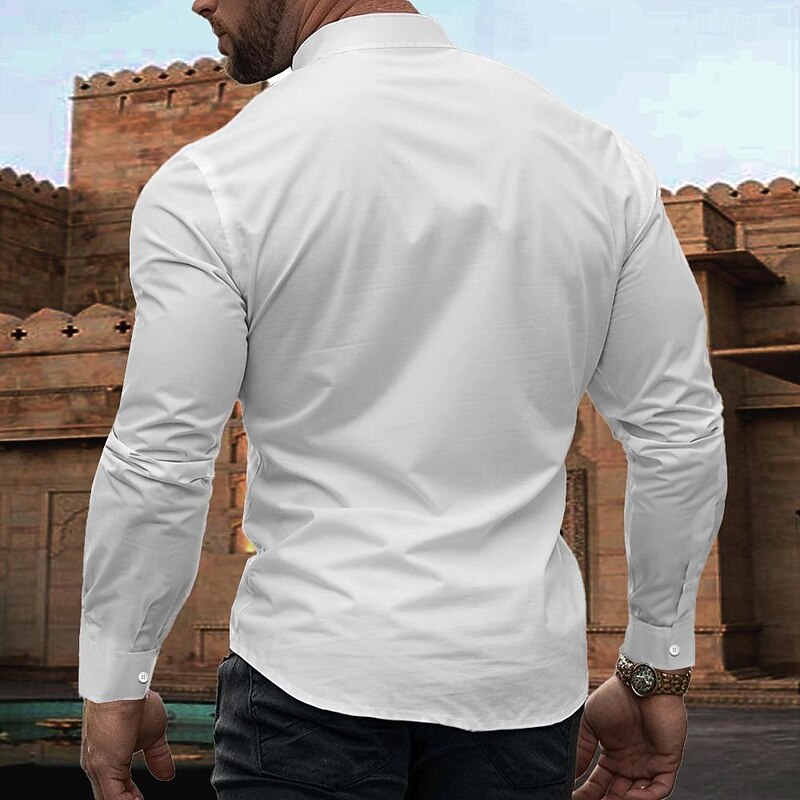 Men's Shirt Button Up Shirt Long Sleeve Vintage Casual Vacation Daily Summer Spring Grandad Collar Band Collar White2