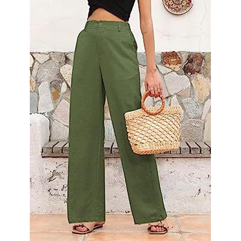 Women's Wide Leg Pants Trousers Casual Daily Long Plain Side Pockets Breathability Comfortable Micro-elastic Weekend Black White Navy Blue Green Spring & Summer Regular Fit