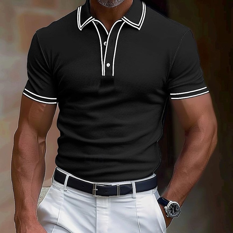 Men's Cotton Polo Shirt Golf Shirt Work Business Ribbed Polo Collar Classic Short Sleeve Basic Modern Solid Color Patchwork Pocket Spring & Summer Regular Fit Dark Grey Black Burgundy Navy Blue Royal3