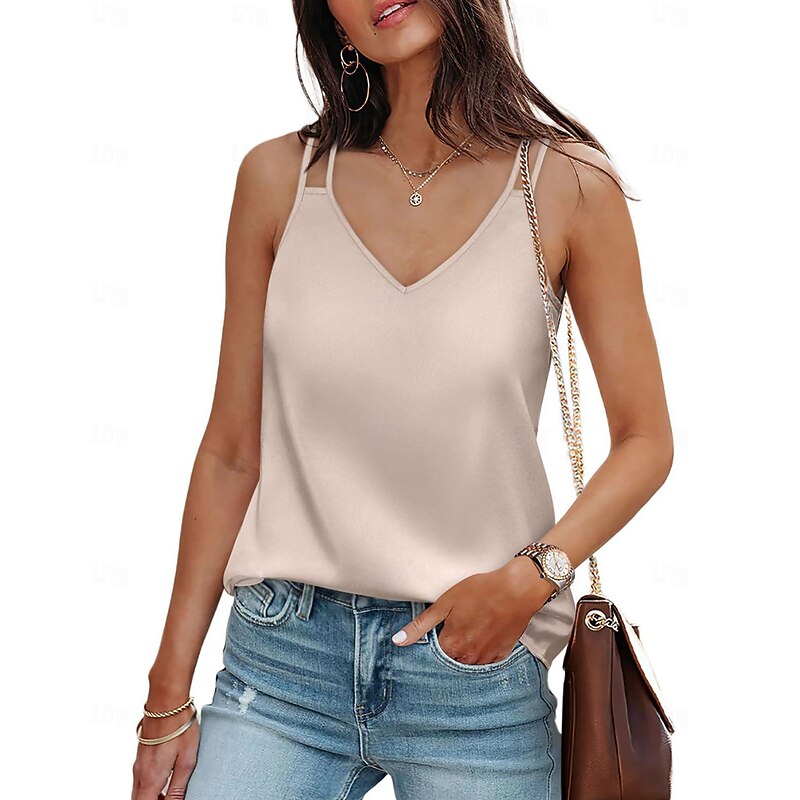 Women's Camisole Tank Top Casual Sleeveless Regular Tops V Neck Vacation Daily White Wine Green Beige Summer2