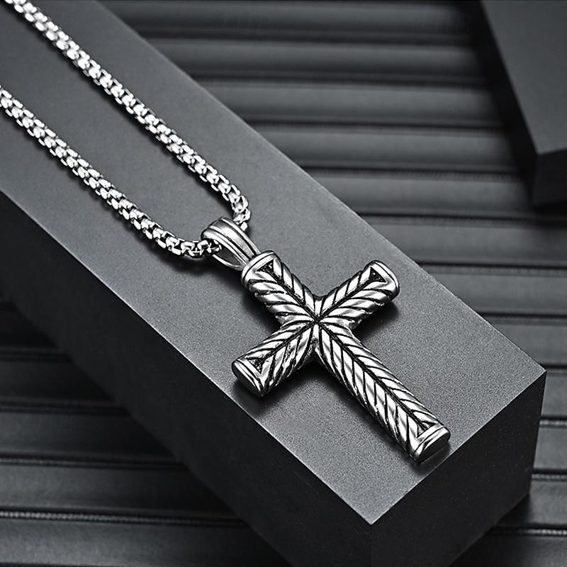 Men's Pendant Necklace Steel color and steel color flower blue chain Stainless Steel Cross3