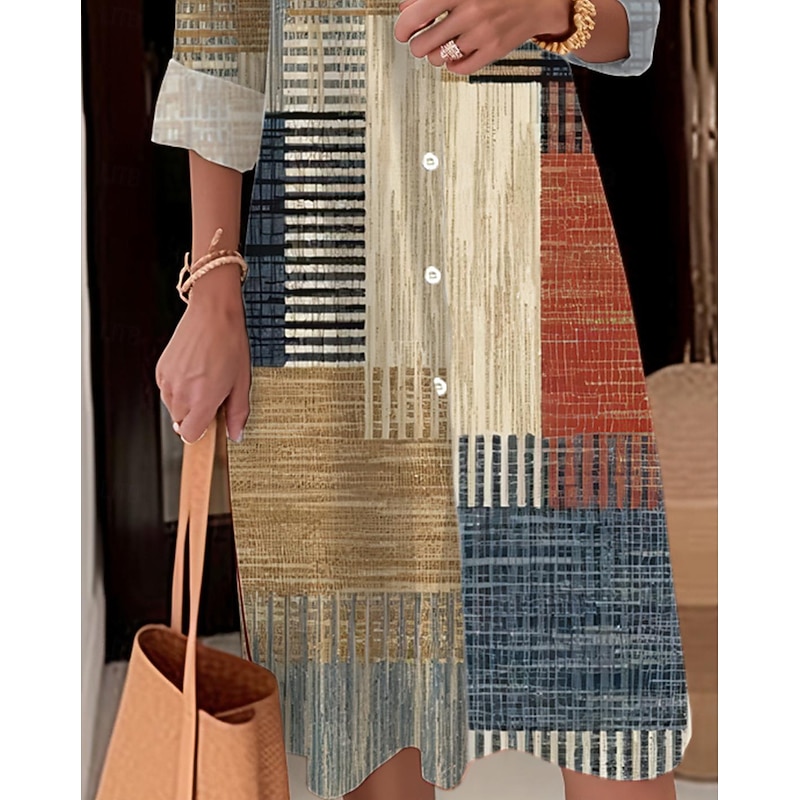 Women's Midi Dress Shirt Dress Casual Dress Outdoor Office Daily Fashion Modern Shirt Collar Button Pocket Long Sleeve Fall Winter Loose Fit Plaid Striped2