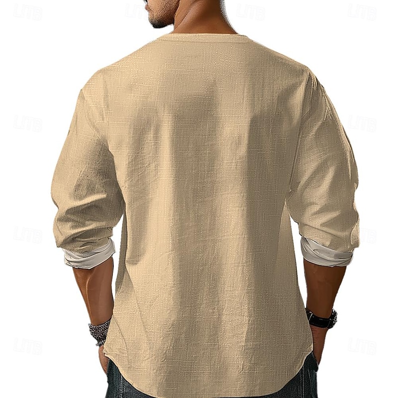 Men's Ethnic Shirt Button Up Shirt Henley Shirt Long Sleeve Casual Tribal Vacation Daily Summer Spring Fall Collarless V Neck Print Khaki2