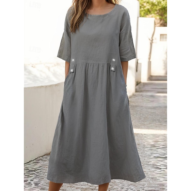 Women's White Purple Green Summer Spring Midi Dress Linen-Inspired Dresses White Dress Casual Dress Basic Daily Weekend Loose Fit Plain Crew Neck4