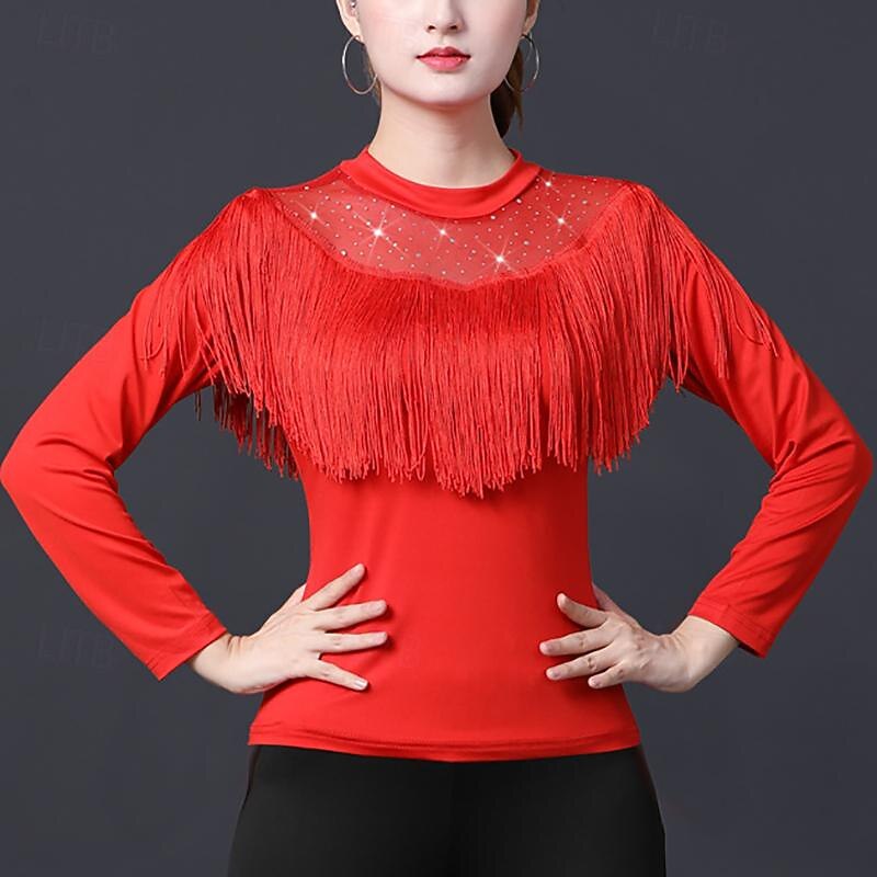 Latin Dance Ballroom Dance Top Tassel Pure Color Splicing Women's Performance Training Long Sleeve High Polyester