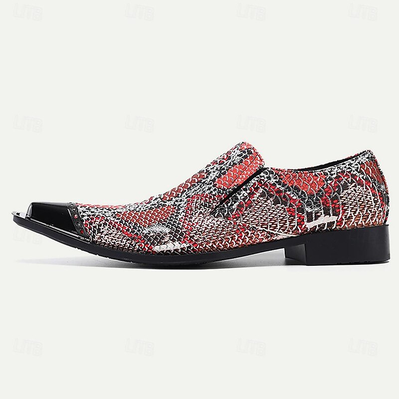 Men's Exotic Red Leather Snake Skin Print Loafers with Gold Tip Pointed Toe and Low Block Heel4