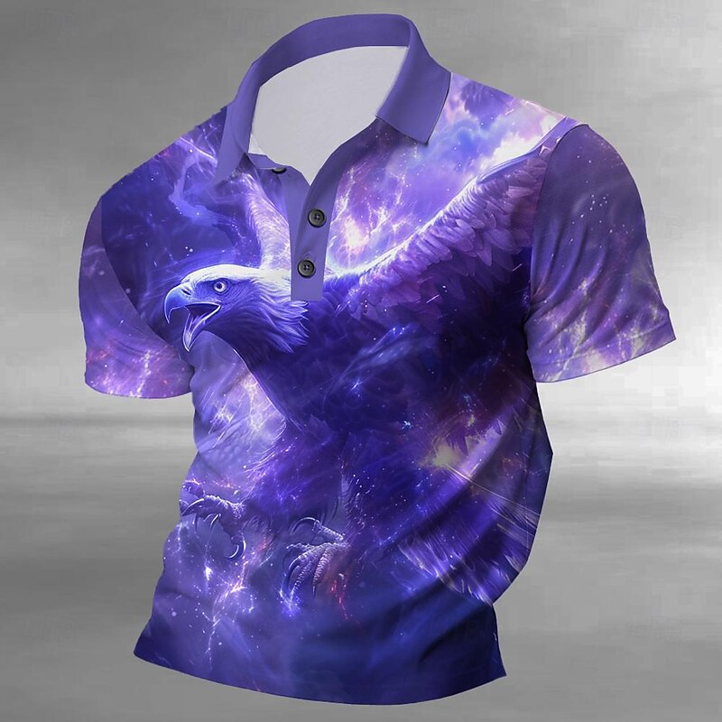 Men's Eagle Polo Shirts Golf Shirt Short Sleeve Polo Shirts Collared Shirts Funny Vacation Wear Party Outfits Buttons 3D Print Summer Blue Purple