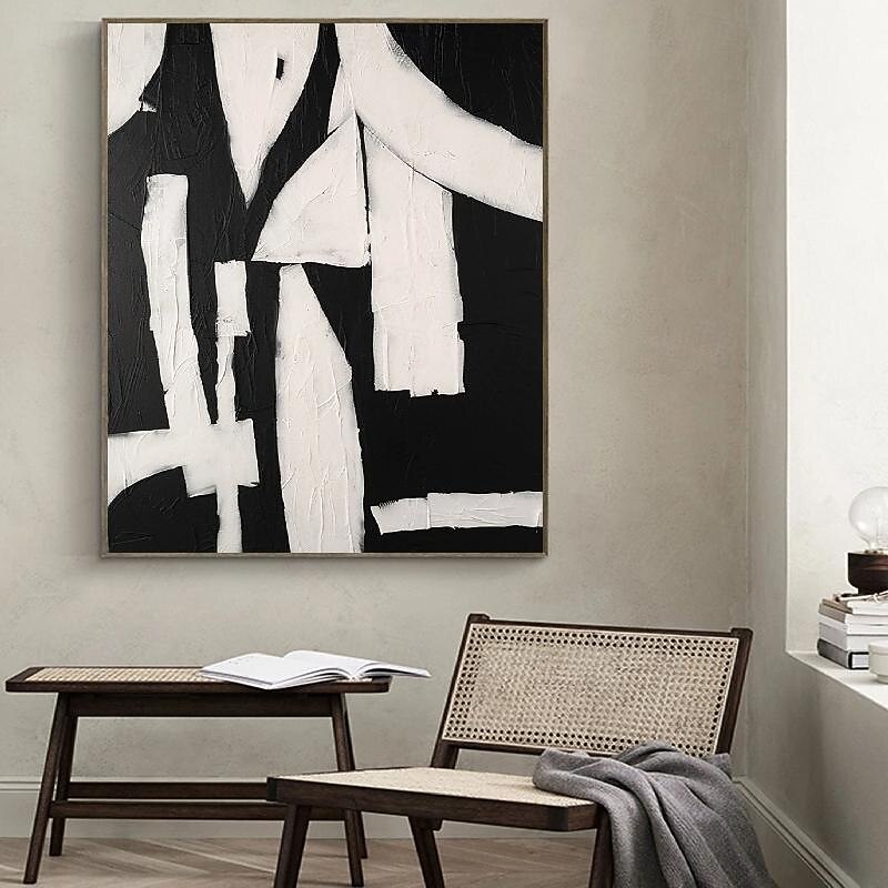Handpainted White Black Textured Painting Oversized 3D handmade Abstract Geometric Wall Art painting Large Minimalist black white textured Painting for Living Room bedroom Wall Decor Abstract Art3