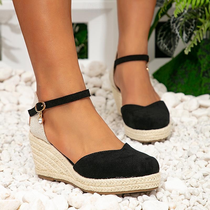 Women's Sandals Lace Up Sandals Strappy Sandals Boho Bohemia Beach Wedge Sandals Vacation Beach Wedge Bohemia Faux Suede Ankle Strap Almond Black