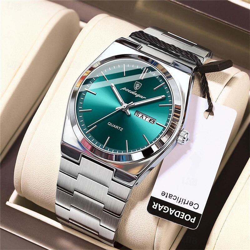 POEDAGAR Men Quartz Watch Minimalist Outdoor Fashion Casual Luminous Calendar Date Week Waterproof Steel Watch