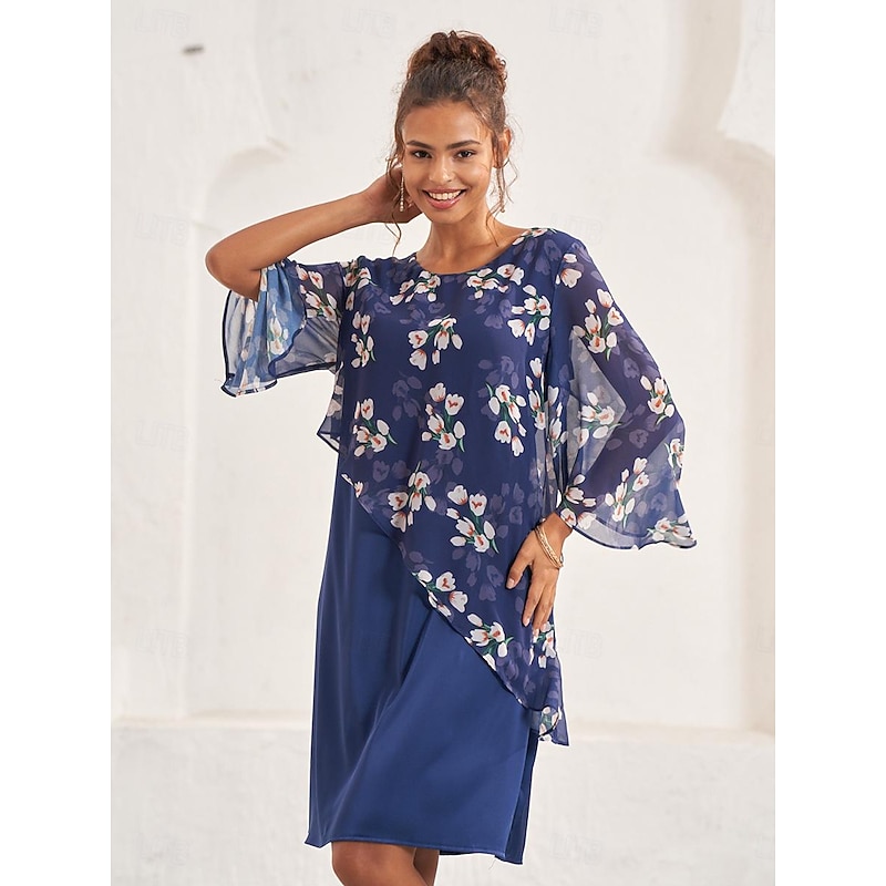 Women's Wedding Guest Dress A Line Dress Elegant Floral Midi Dress Chiffon Flared Sleeve Crew Neck Patchwork Regular Fit Wedding Guest Cocktail Party Blue Summer4