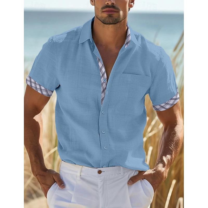 Men's Shirt Linen Shirt Summer Shirt Beach Wear Button Up Shirt Plain Vacation Curise White Blue Blue Khaki Short Sleeve Collar Summer Spring Clothing Apparel