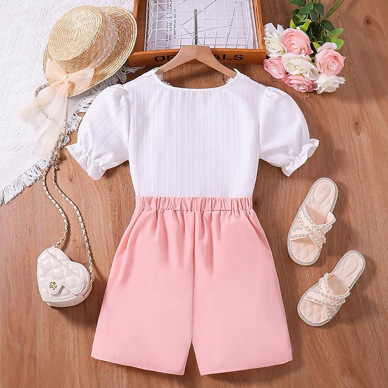 2 Pieces Kids Girls' Solid Color Shorts Suit Set Short Sleeve Fashion Outdoor 3-7 Years Summer Pink2