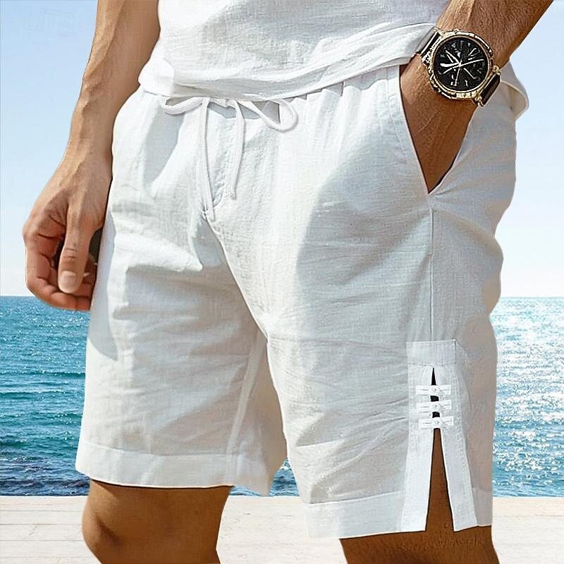 Men's Shorts Linen Shorts Summer Shorts Button Split Front Pocket Plain Comfort Breathable Knee Length Party Outdoor Casual Fashion Basic White Navy Blue2