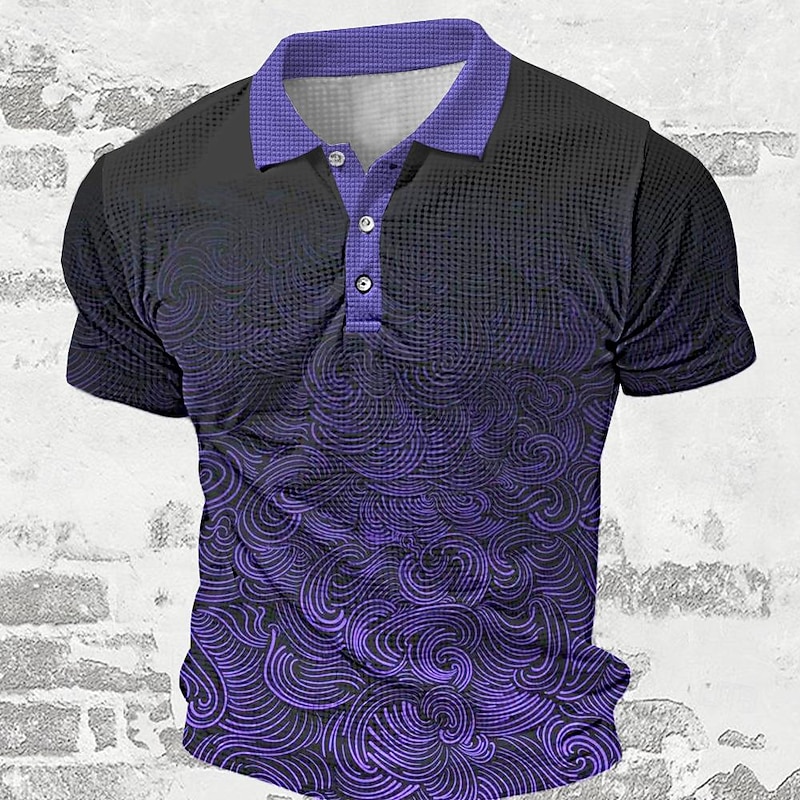 Men's Waffle Polo Shirts Golf Shirt Short Sleeve Polo Shirts Collared Shirts Casual Vacation Wear Party Outfits Buttons 3D Print Spring & Summer Purple Green
