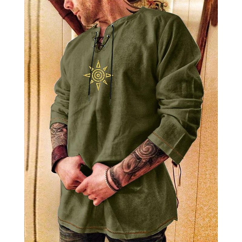 Men's Shirt Cotton Linen Shirt Casual Shirt Sun Party / Evening Masquerade Black Blue Khaki Army Green Long Sleeve Crew Neck Spring &  Fall Clothing Apparel Lace up3