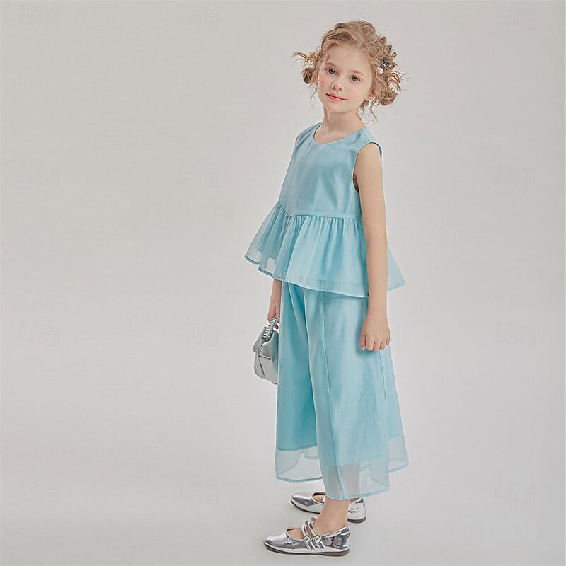 2 Pieces Kids Girls' Solid Color Pants Suit Set Sleeveless Fashion Outdoor 3-7 Years Summer Blue4