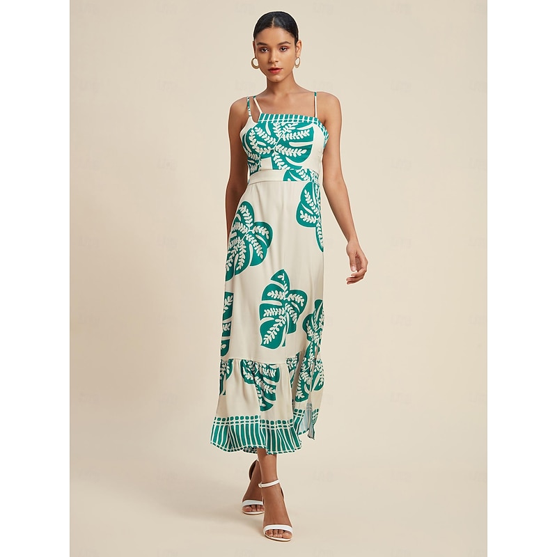 Satin Palm Leaf One Shoulder Maxi Dress4