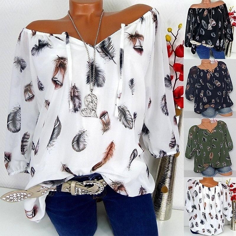 Women's Bohemian Blouse Feather Print Long Sleeve V-Neck Tie Strings Flowy Top White Brown Casual Beach Festival Wear Relaxed Fit Spring Summer Clothing Apparel2