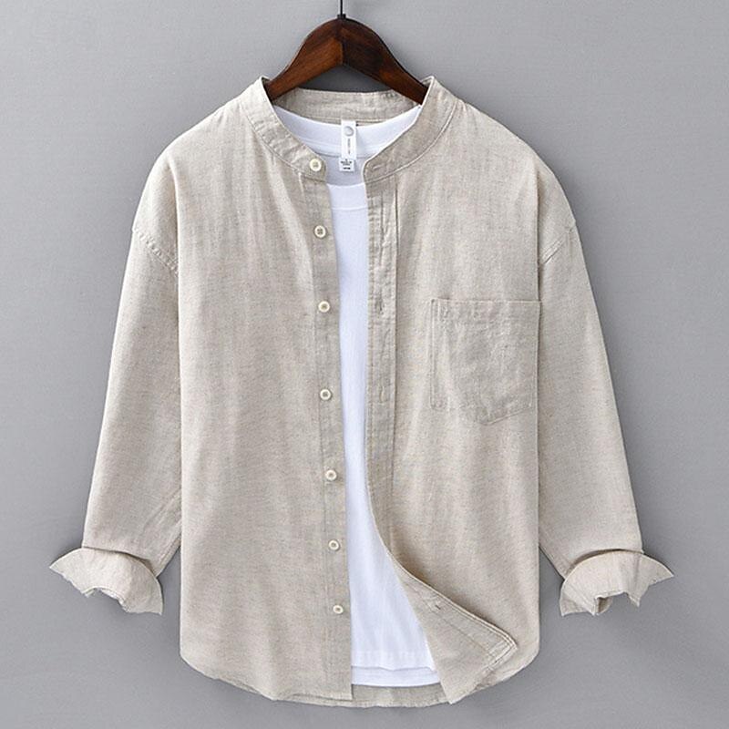 Men's Shirt Linen Shirt Chinese Collar Shirt Mandarin Collar Shirt Casual Shirt Cotton Shirt Plain Vacation Hawaiian White Blue Beige Long Sleeve Grandad Collar Spring &  Fall Clothing Apparel4