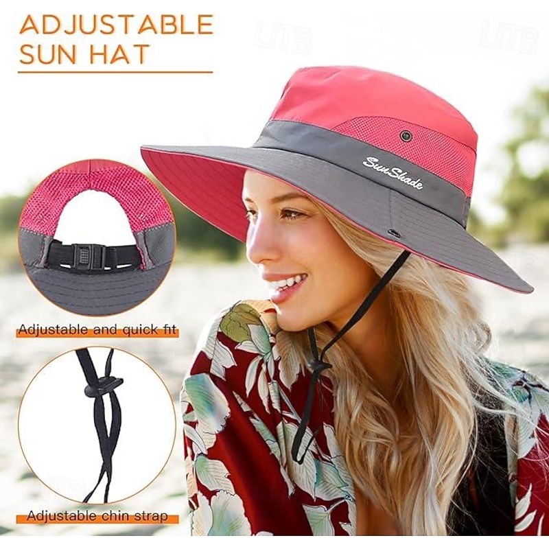 Sunshade Hat UV Protection Wide Brim Beach Cap Foldable Ponytail Bucket Fishing Hat Beach Cap for Fishing Hiking Gardening Outdoor4