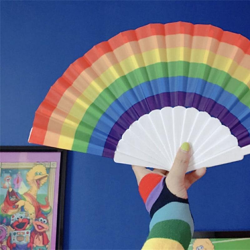 Riccioofy Pride Fan and Rave Fan - Rainbow Fan - Large Folding Fan for Pride ParadeRavesHalloween Burlesque Festival & Pride Outfits for Women & Festival Accessories - Clack Fan Hand Fan3