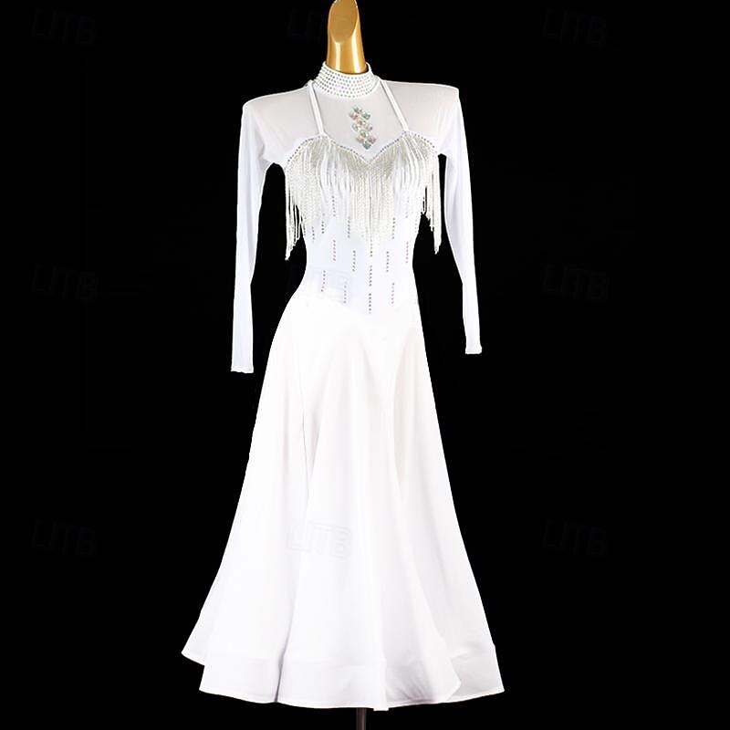 Ballroom Dance Dress Rhinestone Tassel Splicing Women's Performance Training Long Sleeve Chiffon Chinlon Mesh3