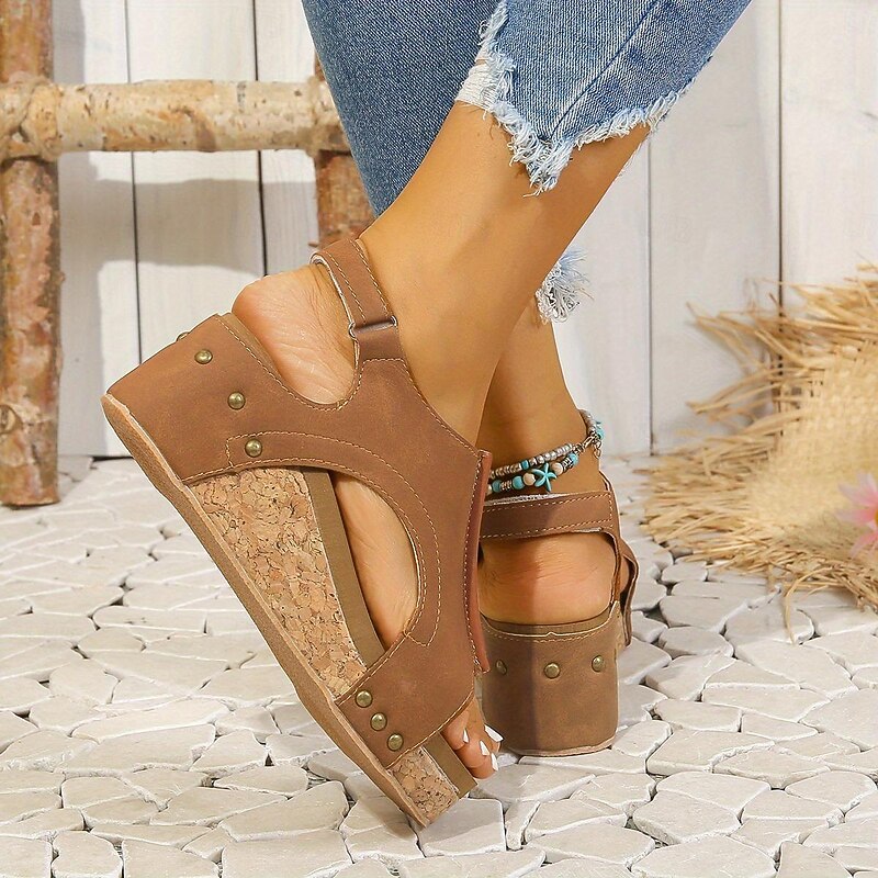 Women's Platform Wedge Sandals Peep Toe Hook & Loop Slingback Shoes Wood Grain Sole Sandals Beige Brown Black Sandals 16